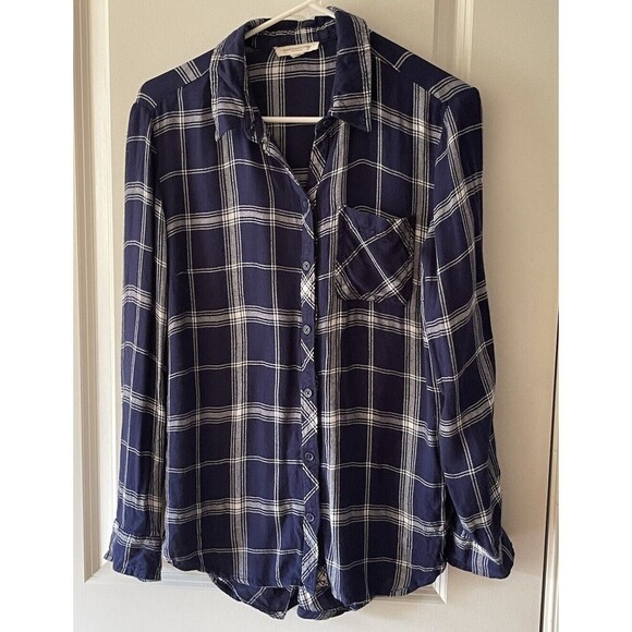 Beach Lunch Lounge Shirt Womens Small Button Front Blue Plaid Top - Picture 1 of 6